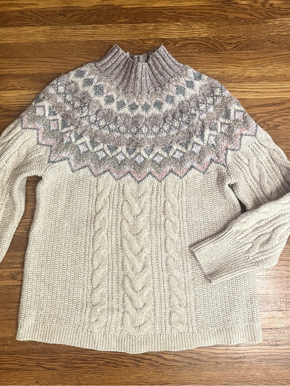 Chicos 2 cable knit sweater wool blend fair isle chunky ski cozy mock neck cozy